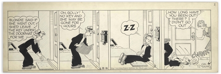 Chic Young Hand-Drawn Blondie Comic Strip From 1944 Titled Open House at the Bumsteads! -- A Comedy of Errors Results in a Nice Nap for Dagwood